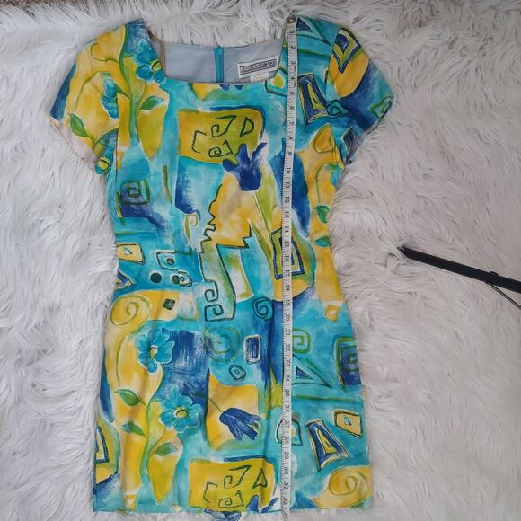 Vintage 90s Jessica Howard Yellow and Blue Abstract Mini Dress - Picture 9 of 12
